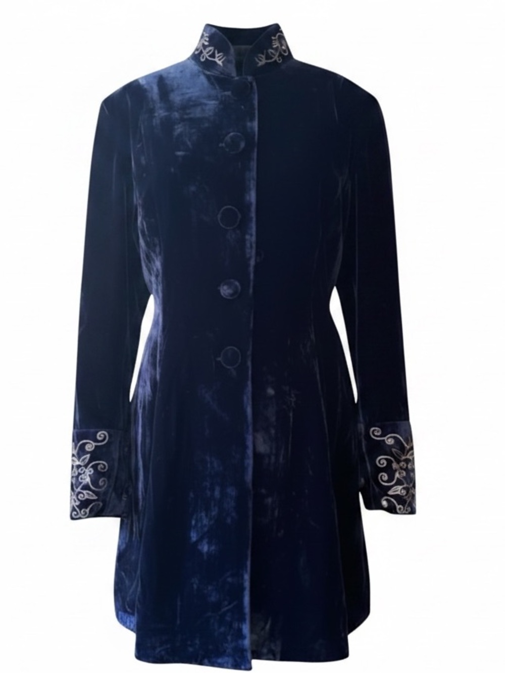 Velvet Embroidered Cuff Stand-Collar Blazer Jacket - Navy